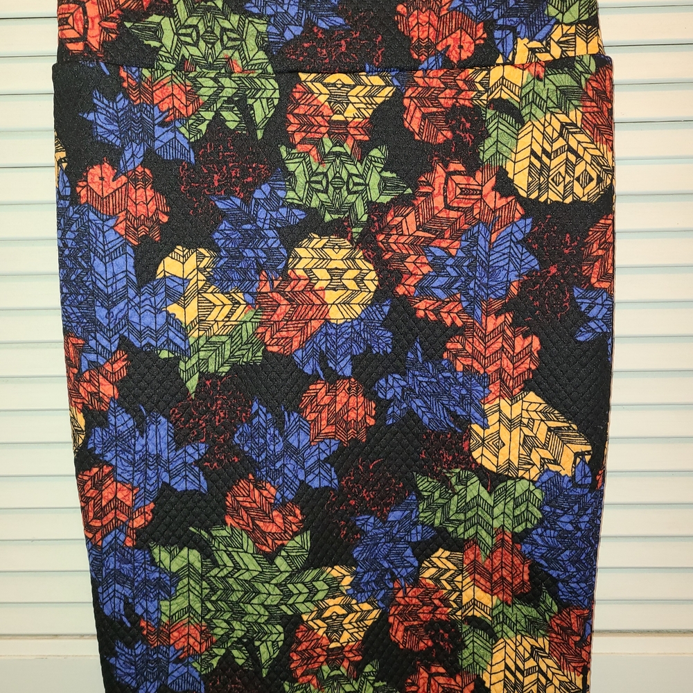 LuLaRoe Black Skirt with Red, Blue, Yellow, and Green Pattern